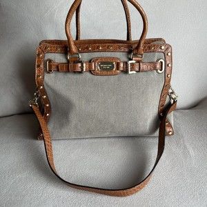 Michael Kors Hamilton Cream Canvas Leather Large Satchel Shoulder Bag Hemp